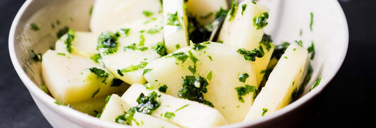 Boiled potatoes with garlic and mixed pineapple salad